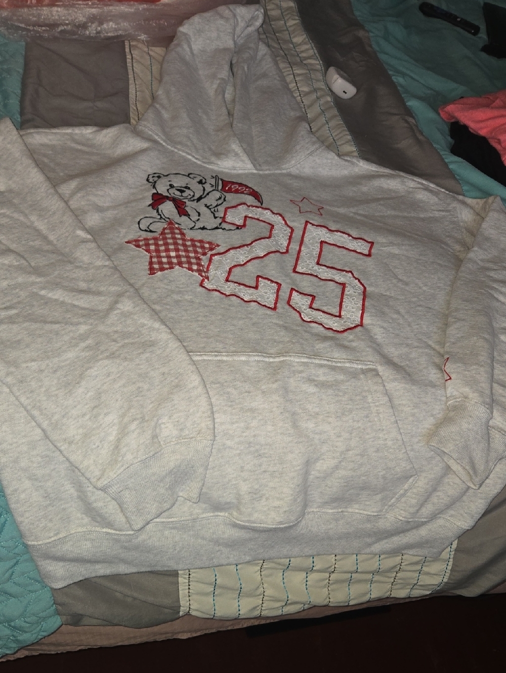 Hollister Heather Gray Hoodie with Red Teddy Bear Graphic